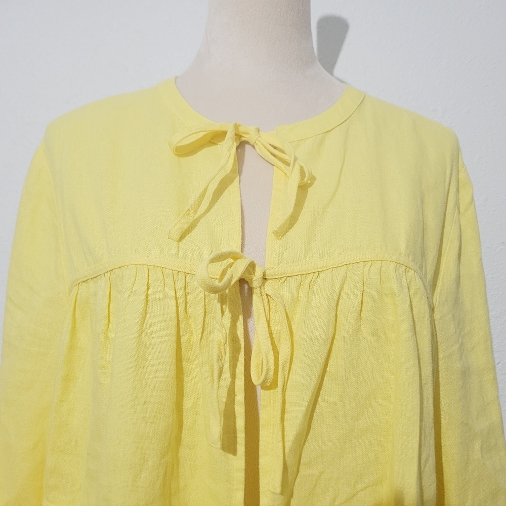 Marc New York Women’s Tie Front Linen Blend Tiered Blouse Yellow Size Large - Picture 3 of 14